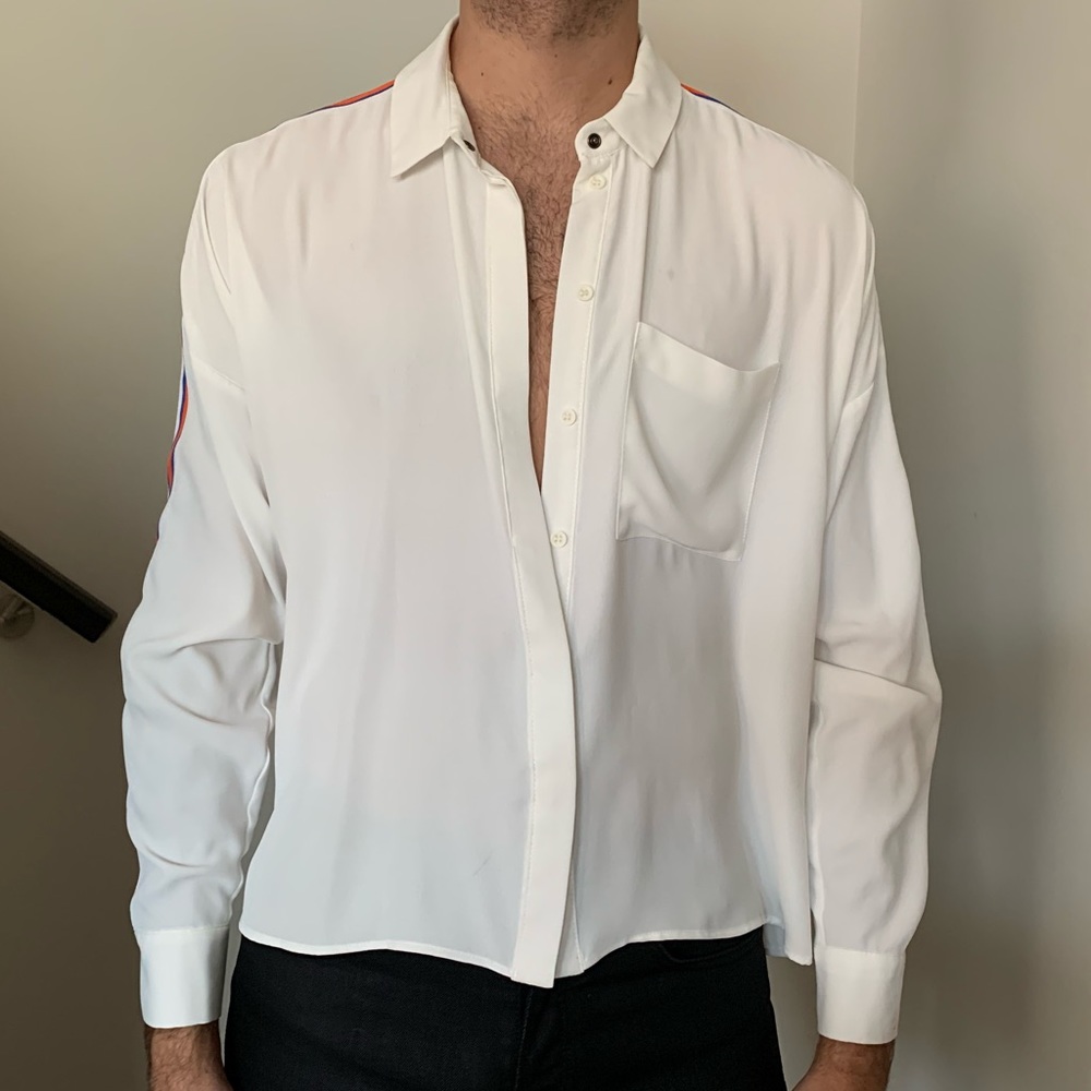 Topshop Side Stripe Button Up Shirt, Blue&Orange